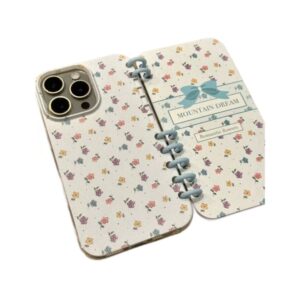 Floral Print with Bow and Notebook Design, Drop-Proof Protective Soft Case, Suitable for iPhone 17/16/15/14/13/12/11 Series, Ins-Style Gentle Blue Romantic Pastoral Niche Coil Notebook Phone Case, Built-in Stand