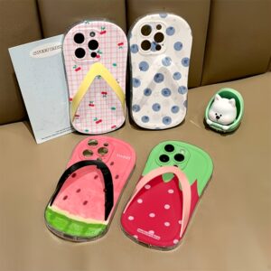 Slippers Phone Case, Individual Fashion Creative Flip-Flop with Watermelon Blueberry Fruit Pattern Phone Case, Creative And Fun, Comfortable to Hold, Suitable for Family And Friends Holiday Gifts