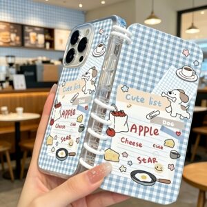 Cartoon Puppy Food Journal Blue and White Plaid Faux Book Phone Case, Suitable for iPhone 17, Suitable for iPhone 17 Pro Max, Suitable for iPhone 17 Pro/16/11/13/15/15 Plus/15 Pro/15 Pro Max/12/14 Pro Max/11 Pro Max/12 Pro/12 Pro Max/13